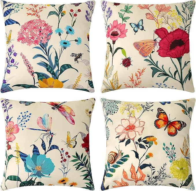Premillow Outdoor Pillow Covers 18x18 Inch Set of 4, Spring Summer Flower Decor Throw Pillow Covers Outside Waterproof Pillow for Patio Furniture Bench Chair Couch Sofa