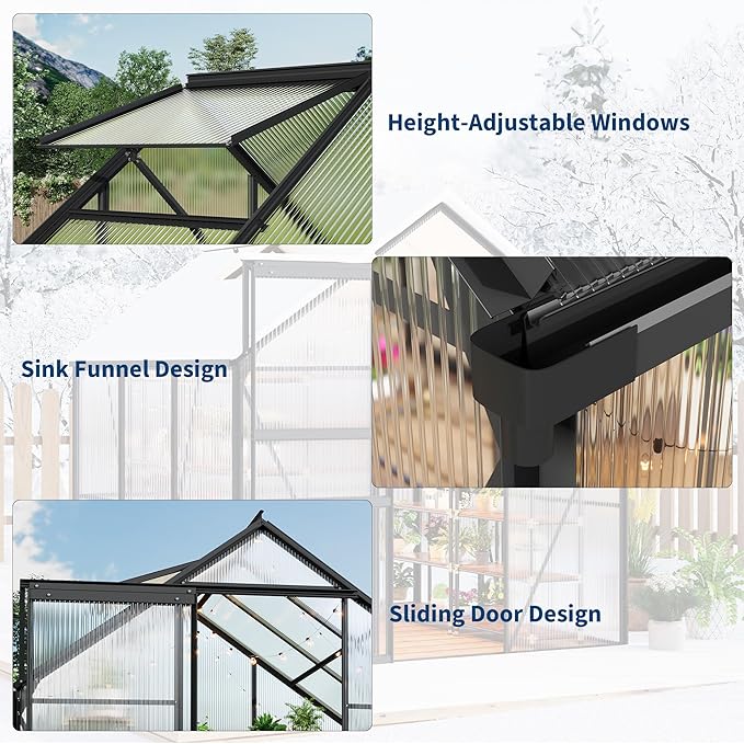 6x6FT Greenhouse for Outdoors, Walk-in Polycarbonate Greenhouse with Sliding Door, Adjustable Roof Vent & Gutter System, Portable Outdoor Green House Kit for Winter Gardening
