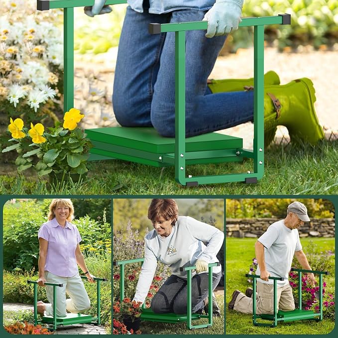 Garden Kneelers Seat, Stable and Save Anti-Tipping Design 10.2" Wider Garden Kneeler and Seat with Handle, Heavy Duty Gardening Stool for Seniors, Gardening Weeding Bench for Gardeners Parents - Green