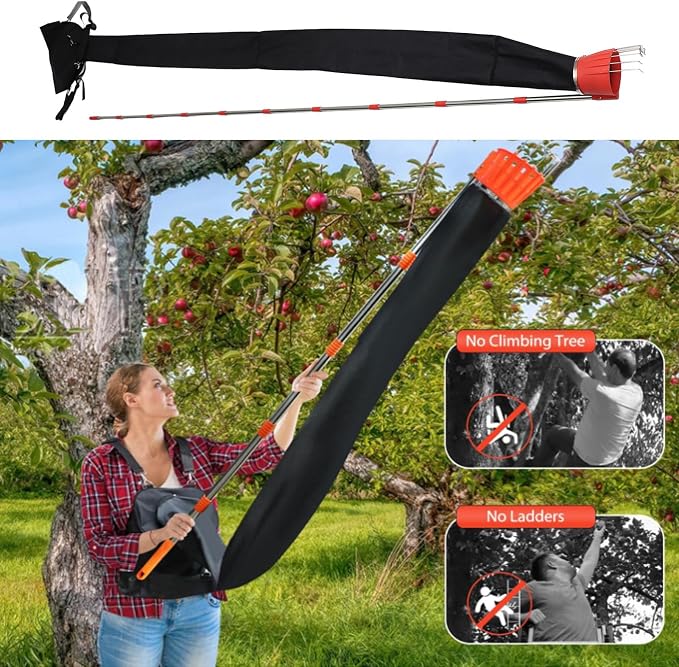 lyrlody Fruit Picker Pole Tool with Basket Telescoping Long Handle, 13FT Adjustable Orange Picker Pole Tool with Basket for Avocado Acorn Lemon Pear Mango Tree Picker