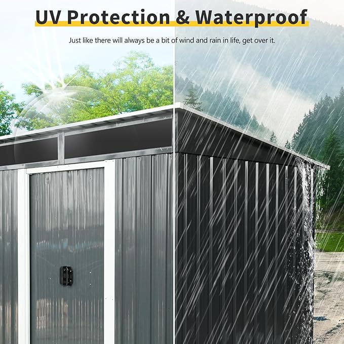 6FT x 5FT Outdoor Storage Shed, Heavy Duty Galvanized Steel Garden Shed with Sloped Roof, Sliding Lockable Doors, Punched Vents & Foundation Kit, Weather Resistant Tool Shed for Backyard, Black+White