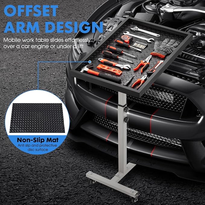 OLBRUS Adjustable Work Table with Wheels, Mechanic Rolling Tool Tray Table for Garage Repair Shops DIY, 220LBS Capacity Mobile Heavy Duty Steel Tool Cart (Gray)