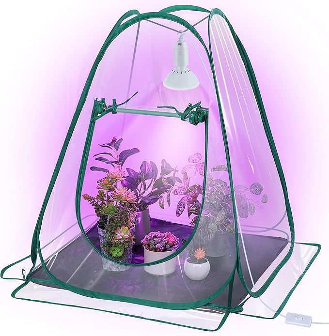 Meonum 1 Pack Mini Greenhouse with 10W 200 LED Grow Light Bulbs for Indoor, 27" x 27" x 30" Pop Up Small Greenhouse Cover with Bottom Waterproof Bottom Mat for Indoor Outdoor Plants Seed Starting
