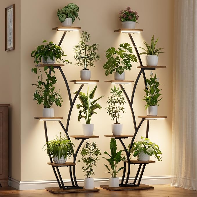 Plant Stand Indoor with Grow Lights - Lighted Indoor Plant Shelf Tall, 61" 7 Tier Large Plant Stands for Indoor Growing, 2 Pack Corner Flower Shelves, Half-Moon Metal Holder for Home Living Room Black