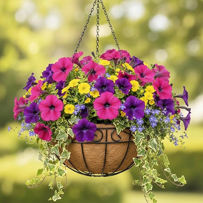 4 Pack 12 Inch Metal Hanging Planter Basket，Natural Round Coconut Hanging Plant Flower Pot，Coconut Coir Planter for Hanging Basket Flowers/Vegetables Home Garden Patio Decoration Flower