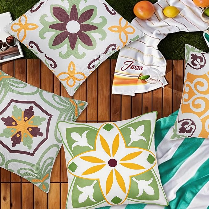 Pyonic Sage Green Outdoor Pillows Waterproof Throw Pillow Covers Set of 4 Floral Printed Spring Summer Outdoor Pillow Covers for Patio Funiture Garden 18x18 Inch