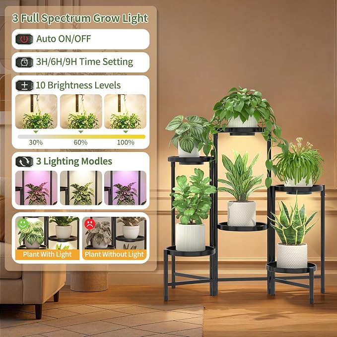 LASZOLA 6 Tier Large Plant Stand Indoor Tall with Grow Lights, Corner Folding Flower Display Rack with 10 Inch Metal Tray, Modern Plant Holder Shelf for Outdoor Patio Porch Garden Living Room, Black