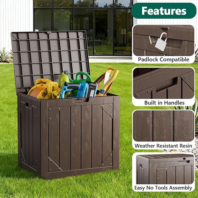 Outdoor Storage Box,30 Gallon Deck Box Outdoor Storage Bench Outside Waterproof Resin Storage Bench, Lockable Patio Cushions, Garden Tools Storage For Furniture, UV Resistant Brown