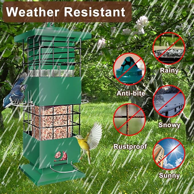 Squirrel Proof Bird Feeder, 3LBS Metal Hanging Bird Feeders for Outdoors, Weight-Activated Perches Wild Birdfeeder for Blue Jay, Cardinal (Green)
