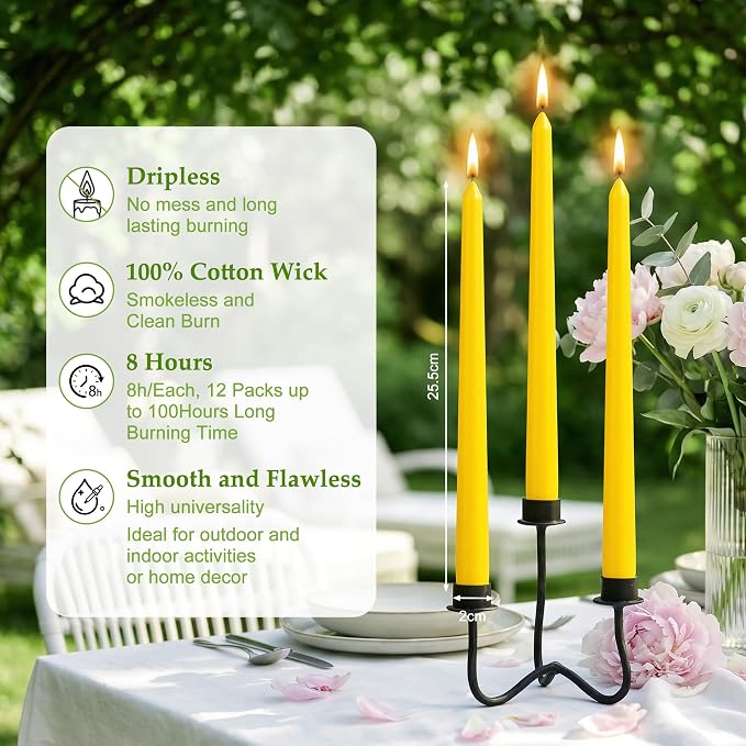 Citronella Taper Candles, 12-Pack 10-Inch Long Candle Sticks, Bulk Dripless Smokeless Tapered Citronella Candles for Dinner, Party, Home Decoration, Holiday, Wedding, Long Slow Burning Taper Candles