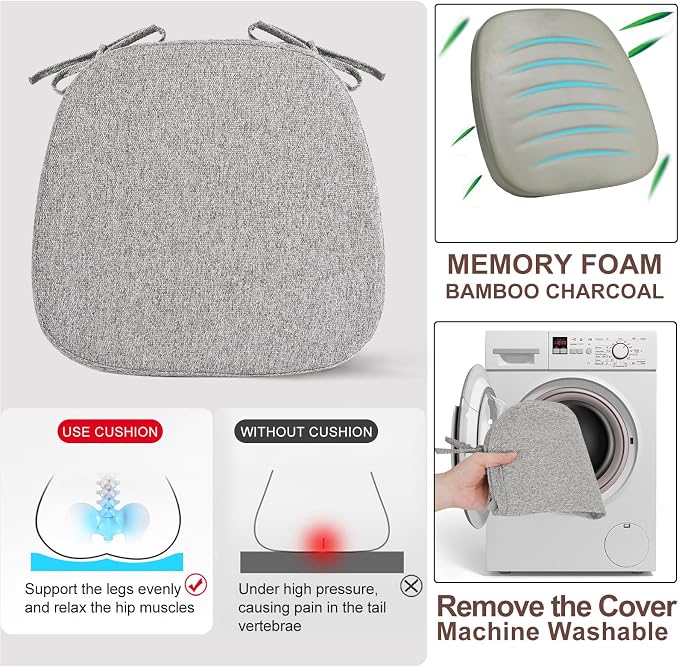 SINOSSO 4 Pack Memory Foam Chair Cushions for Dining Chairs, Friendly Woven Fabric 16" U-Shape Comfortable Kitchen Chair Pads, Removable Slip Resistant Seat Cushions (Set of 4, Light Gray)