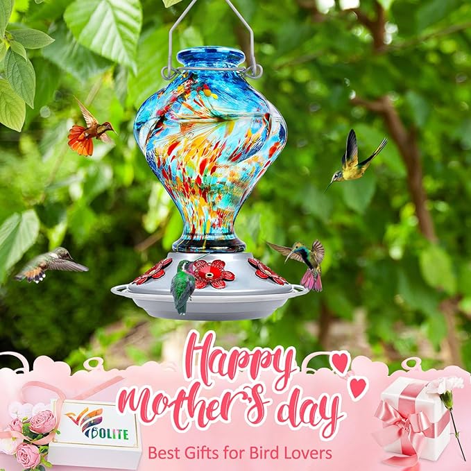 Hummingbird Feeder, BOLITE Glass Hummingbird Feeders for Outdoors Hanging, Hand Blown Twisted with Ant Moat and Five Feeding Ports, 24 Ounces, Leak Proof, Blue, Gifts for Women Men, Gifts for Mom Dad