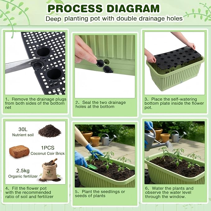 3 Pcs Large Planter Boxes Deep Rectangular Planter Boxes Outdoor Lightweight Plastic Planting Flower Pot with Drainage Holes Plant Pot for Patio, Courtyard, Lawn, Outdoor(Green,20 Inches)