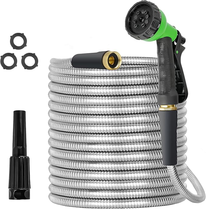 TVKB Metal Garden Hose Stainless Steel Metal water Hose Super Tough & Flexible Water pipe Lightweight, Crush Resistant Aluminum Fittings, Kink & Tangle Free, Rust Proof (50FT)