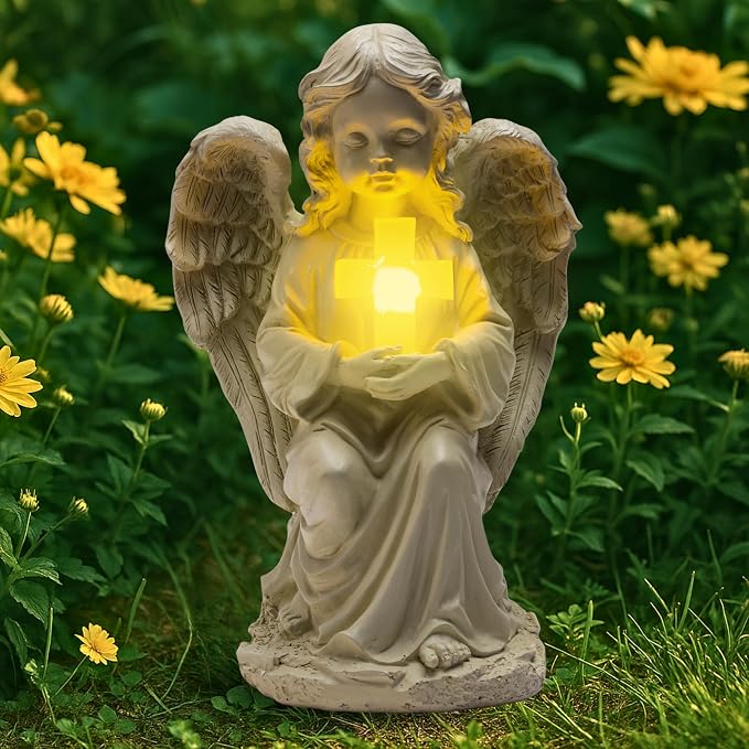 TIALLY Solar Angel Garden Statue with Glowing Cross – Large Angel Figurines with Soft Glow, Weatherproof Outdoor Statues for Memorial Decor, Yard, Lawn or Cemetery Use, Angels Gifts for Women