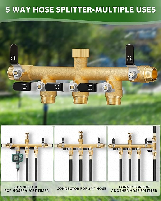Garden Hose Splitter, 5 Way Heavy Duty Brass Hose Splitter, Water Hose Bib Spigot Splitter with 0.59" Full Flow Ball Valve Outlet & Shut-Off Valve 3/4'' Connector Outdoor Water Faucet Adapter