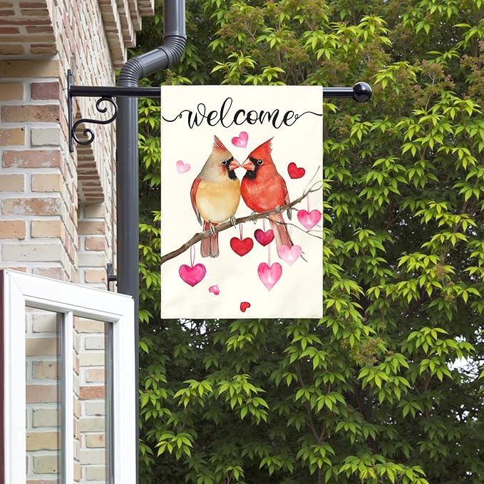 Welcome Valentine's Day Garden Flag Cardinal Love Heart Vertical Double Sided House Banner Holiday Anniversary Wedding Red Birds Large Yard Flags Farmhouse Valentines Day Decor 28 x 40 Inch