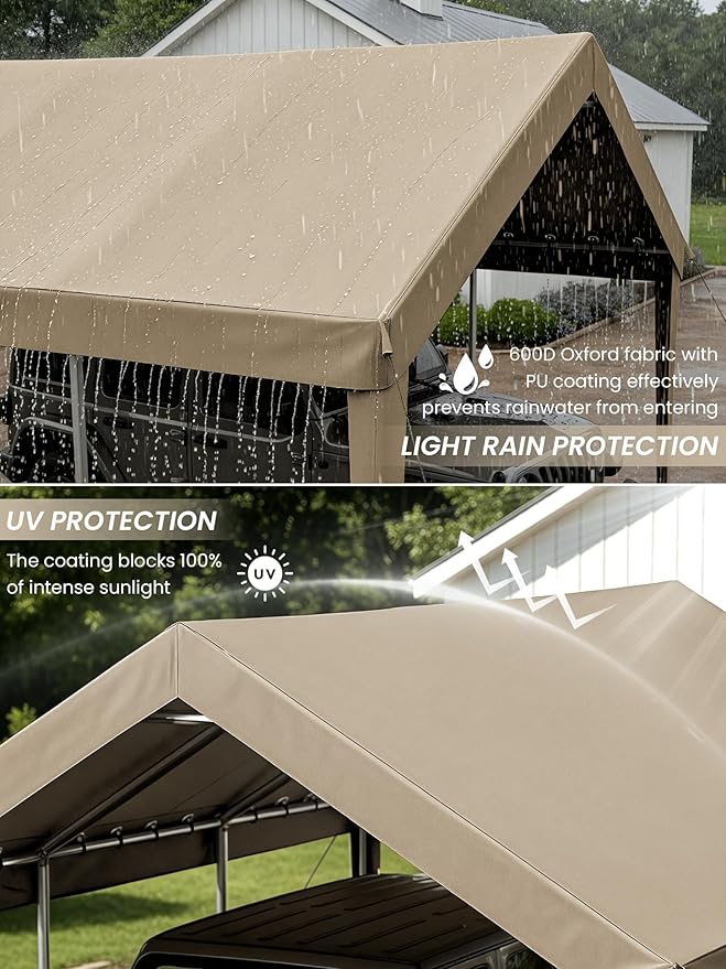 10 x 20 Ft Carport Replacement Cover, Heavy Duty Outdoor Car Tarp Canopy, Waterproof & UV Protected Tear Oxford Tarp with Ball Bungees (Frame is Not Included)