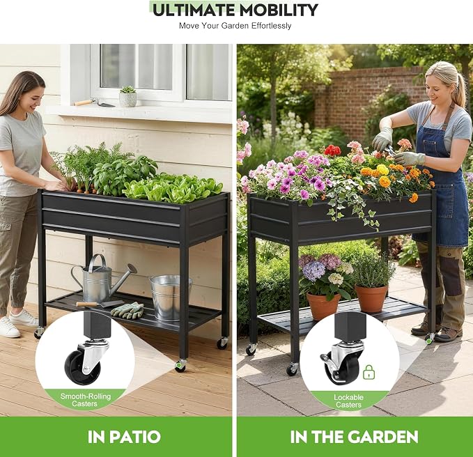 32" Tall Galvanized Raised Garden Bed with Legs Wheels & Shelf, Elevated Planter Box Outdoor for Vegetables, Herbs & Flowers, Patio & Backyard, Garden Bed with 400lb Capacity，Black