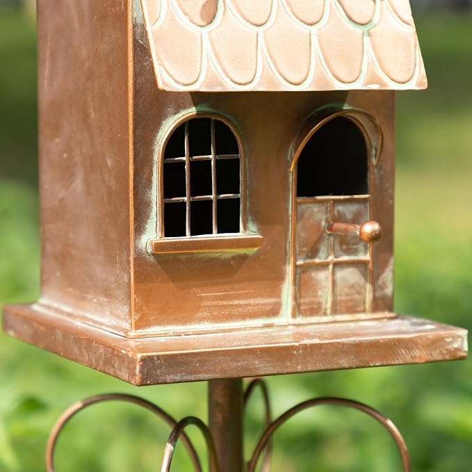 Glitzhome Birdhouses for Outdoors, Decorative Bird Houses for Outside, 53" H Farmhouse Faux Copper 2-Tiered Distressed Metal Bird House Garden Birdhouse with Stake for Outdoor Patio
