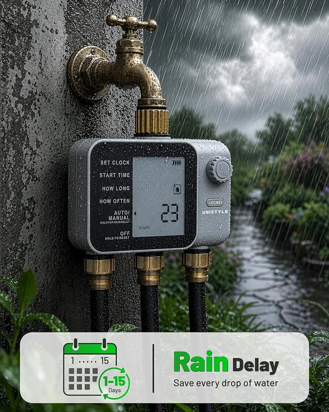 [All-New 2027] 3 Zone Sprinkler Timer with Brass Inlet, Unistyle Water Timer for Garden Hose with Rain Delay/Manual Watering/Automatic Irrigation, Hose Timers with Large LCD for Yard and Lawn Patio