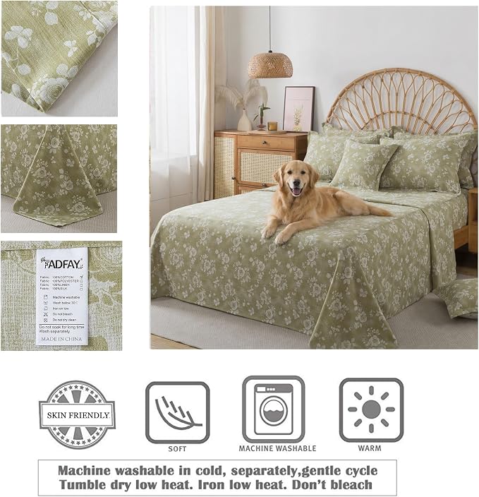 FADFAY Sage Green Sheets Set Queen 100% Cotton Washed Double Gauze Muslin Bedding 4Pcs Vintage Rose Floral Sheets Shabby Cottagecore Bedding Soft & Breathable Deep Pocket Fitted Sheet, Queen Size