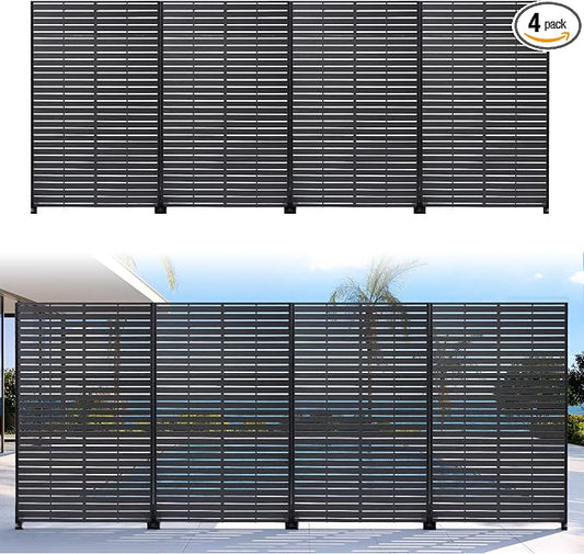 Privacy Screen Outdoor 72" Hx47 W Freestanding Privacy Panel with Stand, HDPE Decorative Privacy Fence with Sandblasting Louver Pattern, Patio Divider Screen, Privacy Screens for Outside