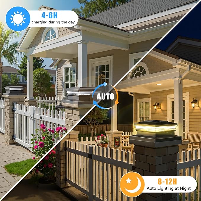 Solar Post Cap Lights,Fence Post Solar Lights 8 Pack, Waterproof Outdoor Light for Garden Deck Patio, Black Deck Posts Light with 2 Color Modes,For 4x4 5x5 6x6 Wooden/Vinyl/Aluminium Posts