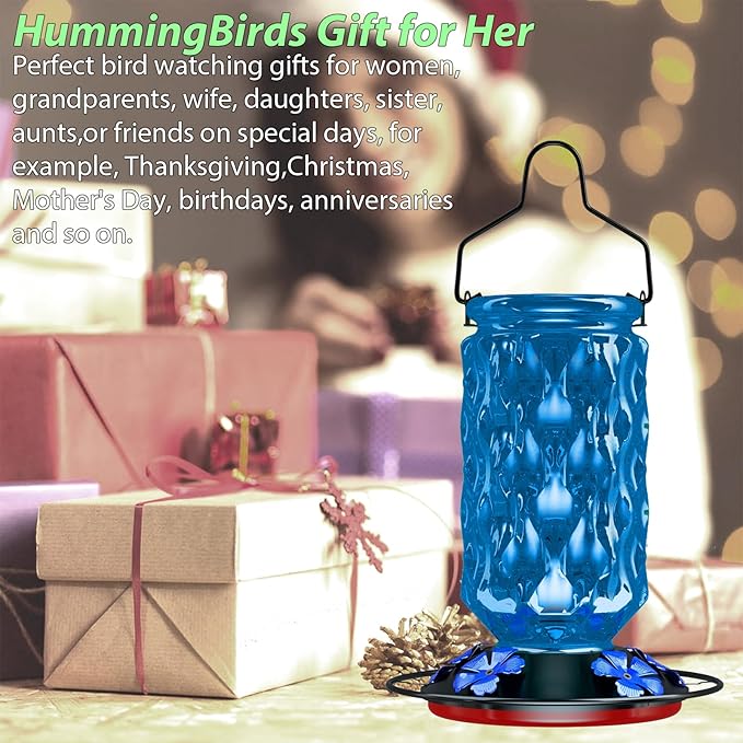 24OZ Glass Hummingbird Feeders for Outdoors Hanging,Five Feeding Ports with Perch, Leak Proof for Gardens Decor Backyard, Bird Feeder for Outside, Birthday Gifts for Women Men, Gifts for Mom Dad