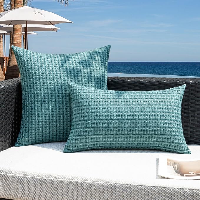 Kevin Textile Outdoor Waterproof Throw Pillow Covers Pack of 2 Boho Farmhouse Decorative Lumbar Cushion Covers for Garden Patio Tent Balcony Bench Couch Sofa 14x24 Inch, Teal