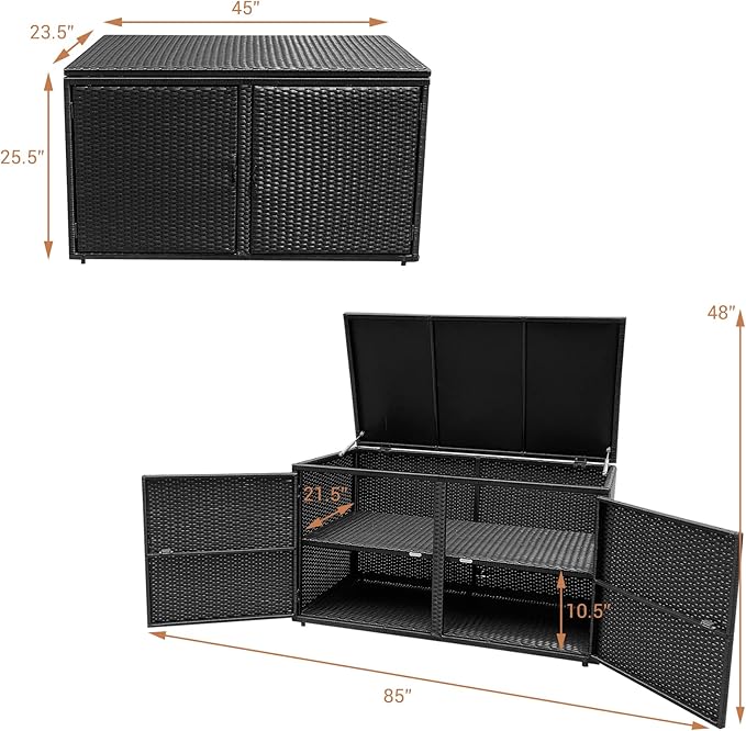 Giantex Rattan Deck Box Outdoor&Indoor 88 Gallon Wicker Storage Bench W/Separate Storage Shelf, Openable Door, Steel Fram, Tools Storage for Patio,Garden, Balcony, Porch, Yard Storage Box (Black)