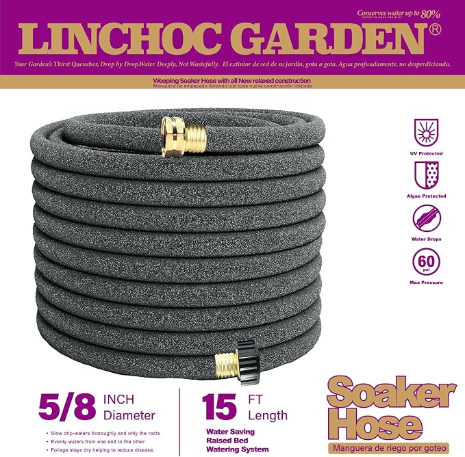 5/8 Inch 15FT Soaker Hose - Flexible High Flow Design for Small Raised Beds, Patio Containers | Eco-Friendly Water-Saving & Root-Targeted