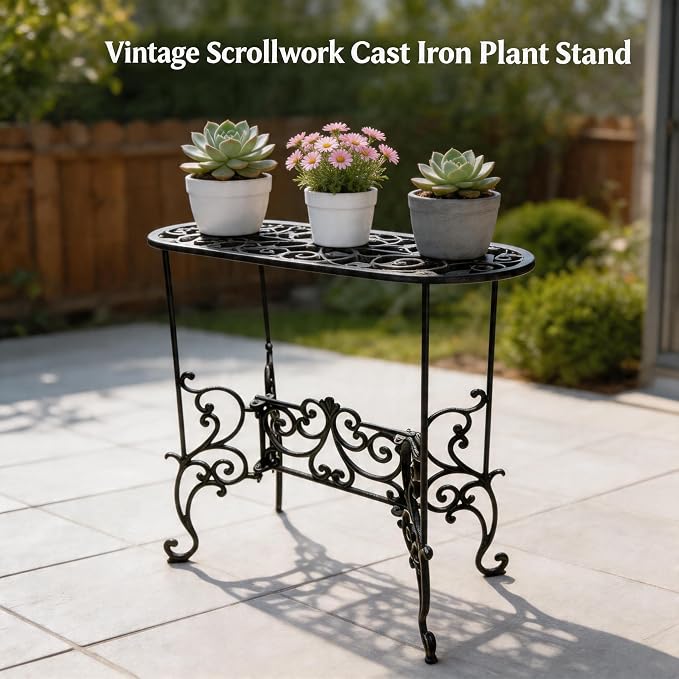 Vintage Scrollwork Cast Iron Plant Stand, 22.6 x 9.3 x 22 Inch, Heavy-Duty Oval Top, Indoor Outdoor Use (22.3" Tall Rectangle Pattern)