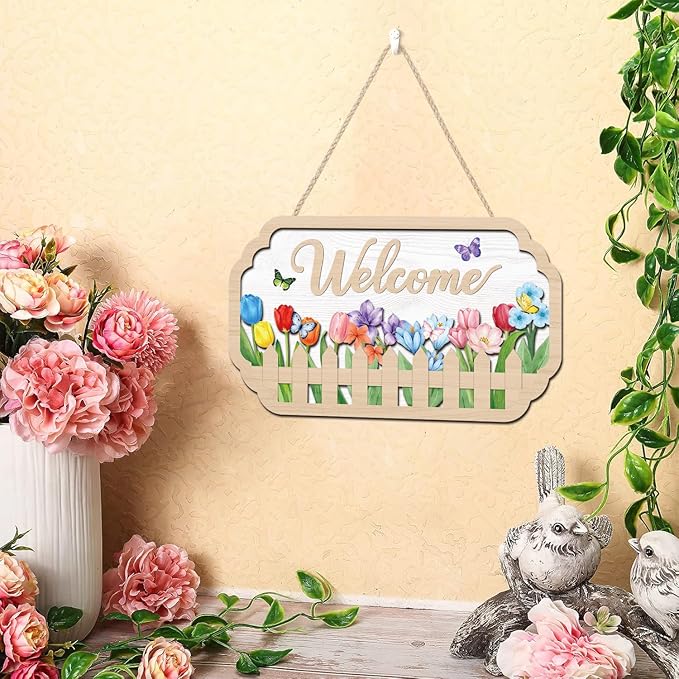HOURIA 3D Welcome Front Door Sign (11.4”x7”),Floral Butterfly Garden Sign,Colorful Tulip Flower Wreath Sign,Spring Summer Decorations for Home Office Indoor Outdoor