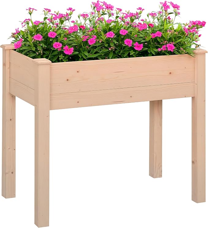 Outsunny Raised Garden Bed with Legs, 34" x 18" x 30", Elevated Wooden Planter Box, Self-Draining with Bed Liner for Vegetables, Herbs, and Flowers Backyard, Patio, Balcony Use, Natural