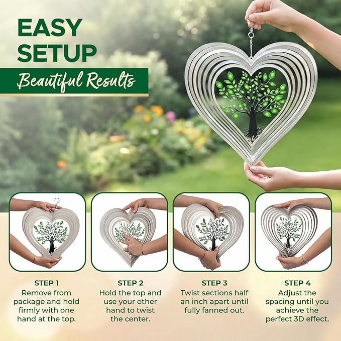 Silver Heart Wind Spinners Outdoor, Birthday Gifts for Women Mom Grandma, 12 Inch 3D Stainless Steel Hanging Wind Spinner for Yard and Garden, Tree of Life Design, Porch Patio Decor