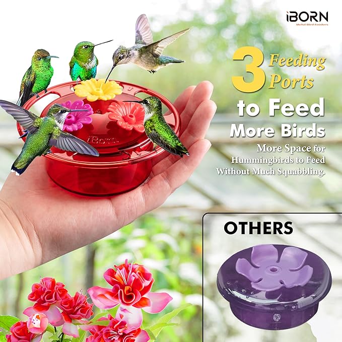 iBorn Handheld Hummingbird Feeders for Outdoors, Hummingbird Hand Feeder 3OZ Mini Bird Feeders for Outdoors, 3 Bee Guard Feeding Ports, Silicone Flower, Red (Set of 2)