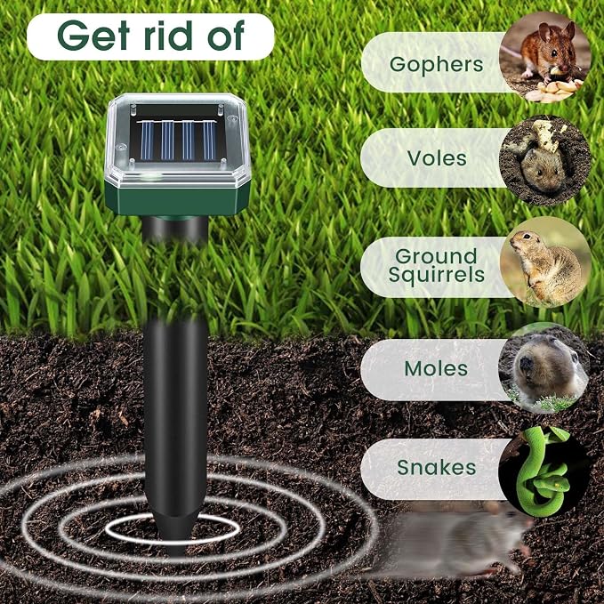 Mole Repellent Solar Powered, 8-Pack Ultrasonic Repeller Outdoor Yard and Garden, Get Rid of Moles Gopher Vole Groundhog Snake Chipmunk, Waterproof Sonic Spikes Mole Deterrent