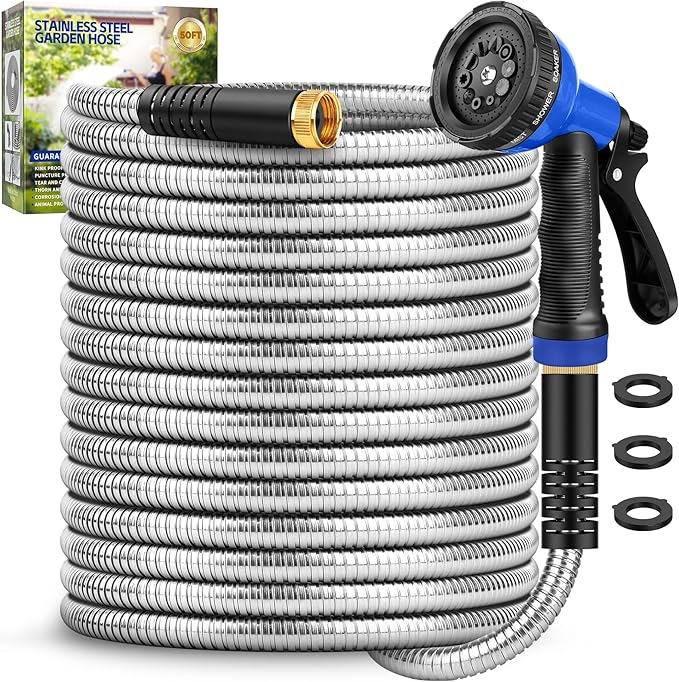 Garden Hose 50 ft, Heavy Duty Stainless Steel Metal Hose, Flexible Water Hose with 10 Function Nozzles, Kink Free, Leak-Proof, Easy to Use and Store for Outdoor, Yard, Lawn, RV, Car Wash
