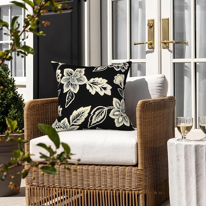 LVTXIII 2 Pack Outdoor Pillow Covers ONLY 18x18 Inch, Water-Repellent Square Decorative Cushion Covers for Patio Furniture, Garden, Sofa, Elegant Vines Black