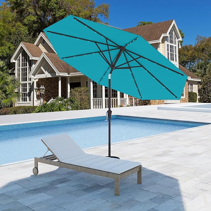 9FT Patio Umbrella with Solar Lights,Outdoor Market Umbrella with Tilt and Crank, LED Lighted Table Umbrella for Garden,Deck,Backyard,Pool,Beach