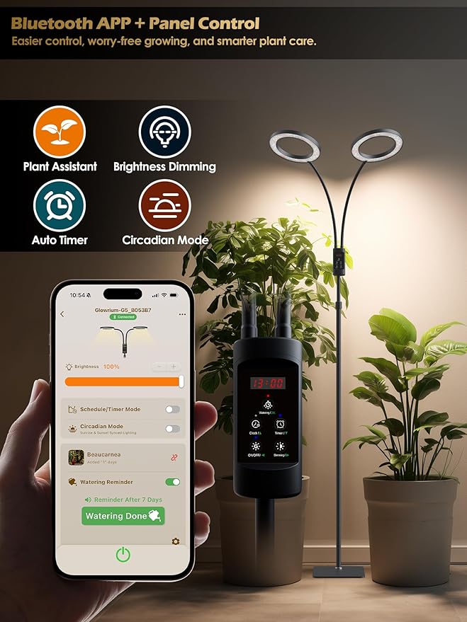 Smart Grow Lights for Indoor Plants, 48W Plant Light with Auto-Timer, Full Spectrum LED Grow Light, Adjustable Height & Stepless Dimming,Plant Assistant Suitable for Most Plants (Black (Dual Heads))