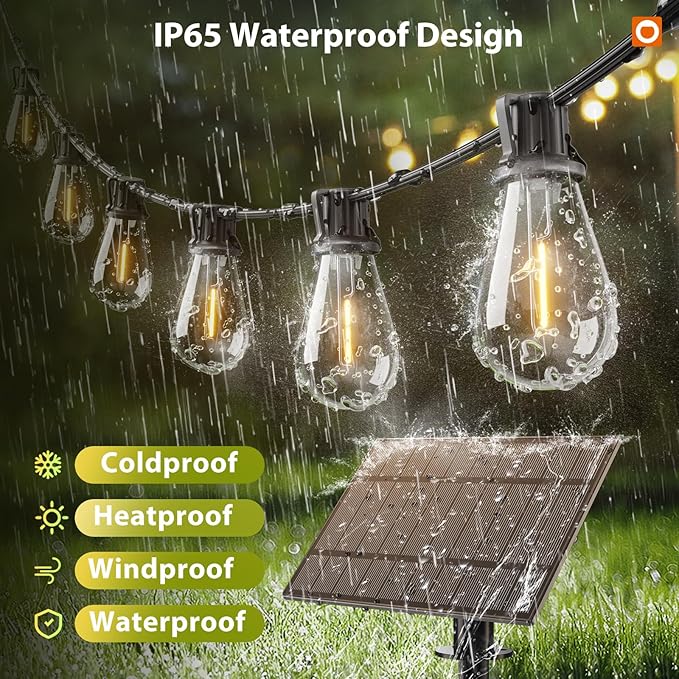 addlon 102FT(96FT+6) Solar String Lights Outdoor Waterproof with USB Port & Remote Control Solar Patio Lights for Outside Solar Powered with 52 LED Dimmable Bulbs for Porch Garden Deck Halloween