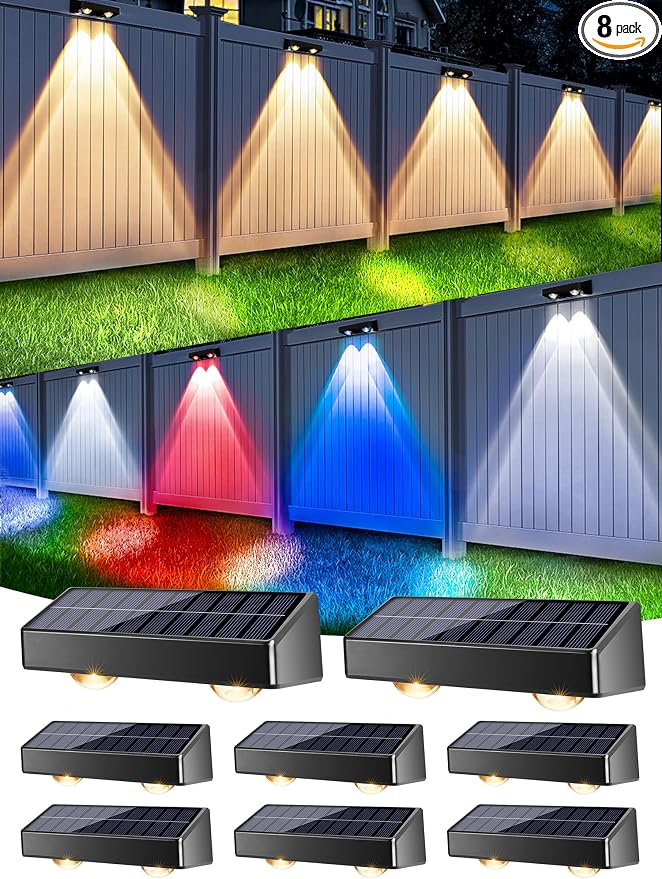 Brizled Solar Fence Lights Outdoor, 8 Pack Red White Blue Patriotic Outdoor Fence Lights 9 Colors & 11 Modes RGBCW Color Changing Solar Wall Lights, Waterproof Railing Lighting for July 4th Halloween