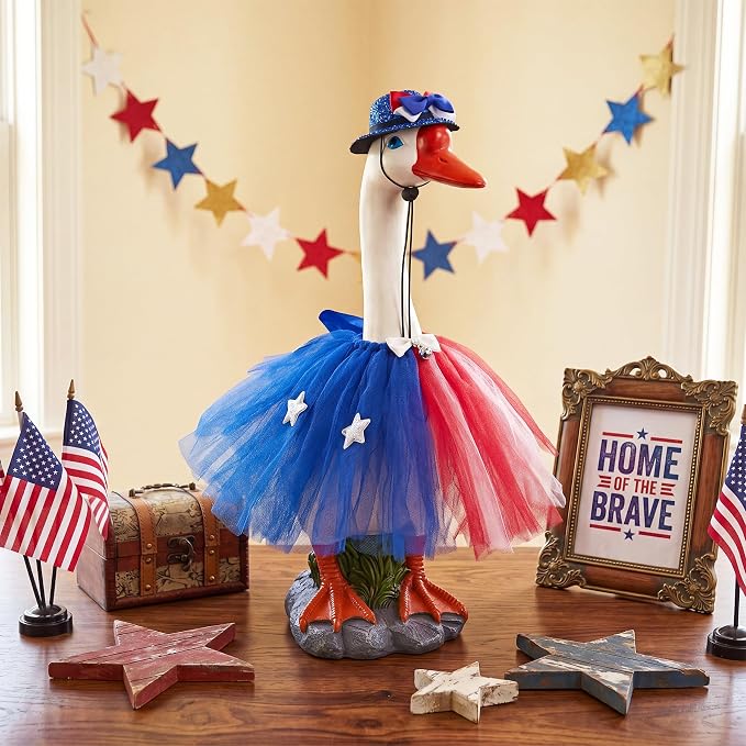 Porch Goose Statue with 4th of July Outfits - 19.5" Garden Resin Goose Decorative Figurine Cute Sculpture Indoor Outdoor Independence Day Decoration for Patio Lawn Yard Balcony Decor