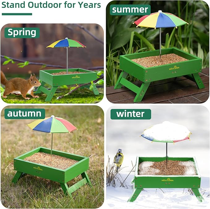 Ground Bird Feeder for Outdoors Bird&Squirrel Feeder Wooden Chicken Picnic Table Platform Feeder Wild Bird Feed Crow Feeder for Outside with 5 LBS Capacity