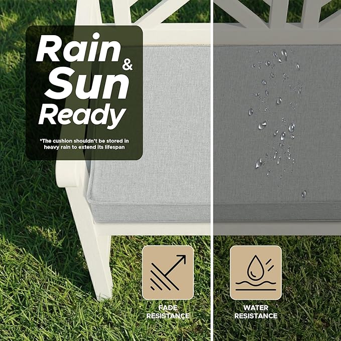 Outdoor Bench Cushion, Water-Resistant & Fade-Resistant, Porch Swing Cushions with Ties, Patio Furniture Seat Pads for Entryway Settee, Removable Cover Non-Slip Bottom, 36 x 14 Inch, Light Grey