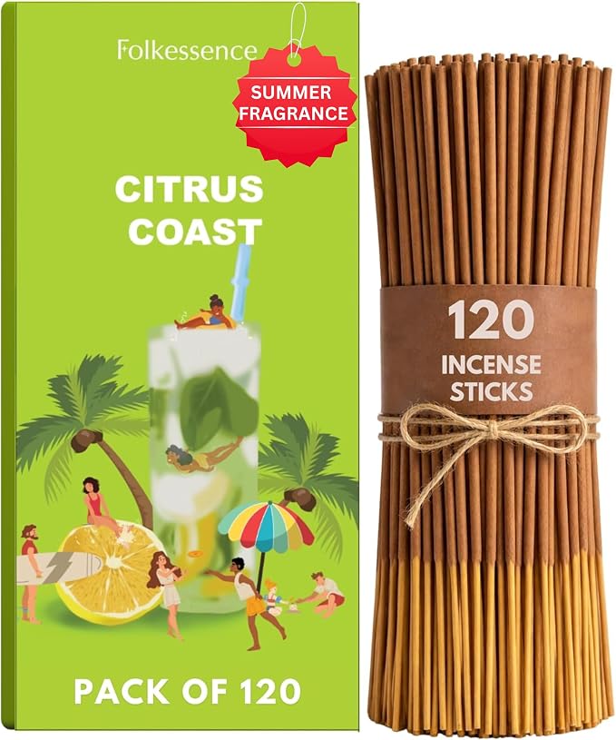 Folkulture Incense Sticks (120 Sticks) | Citrus Incense for Odor Eliminator, Aromatherapy & Summer Vibes | Organic, Long Burning, Charcoal-Free, Non-Toxic Insence-Sticks for Summer Teachers Gifts