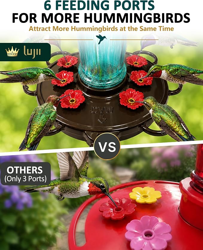 LUJII Smart Hummingbird Feeder with Camera for Outdoor Hanging, Hand Blown Glass, Solar WiFi Feeder with Live View App, 6 Feeding Ports, Leak-Resistant Design, Ant Moat & Gift Box, 36 fl oz, Teal