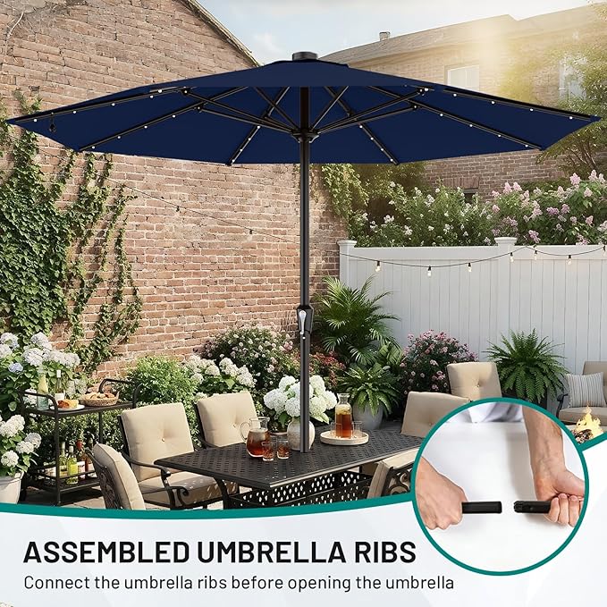 AreShark 11FT Large Patio Umbrella with Solar Lights, Lighted Solar Umbrella with Crank, Outdoor Table Market Umbrellas for Garden, Deck, Backyard, Pool and Beach, Navy